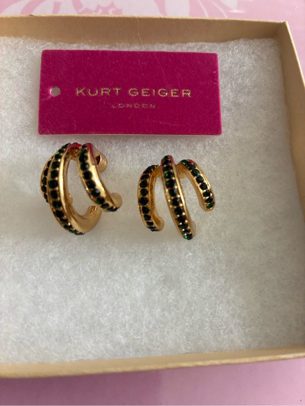 Kurt Geiger Gold Triple-Row Hoop Earrings with Green Stones